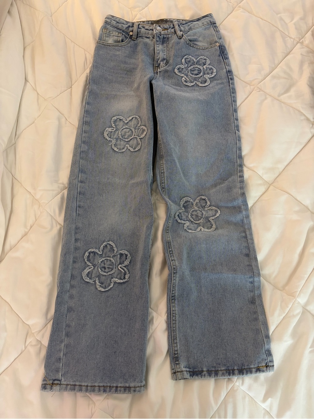 Light Blue Floral Applique Straight Leg Jeans